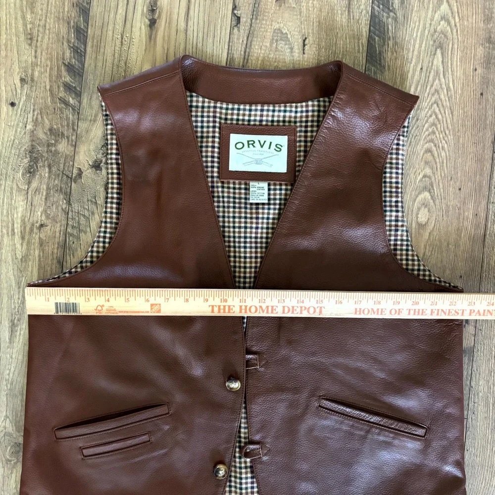 Vintage Orvis Leather Vest Men's Large Brown Plaid Lined Button Front Outdoor